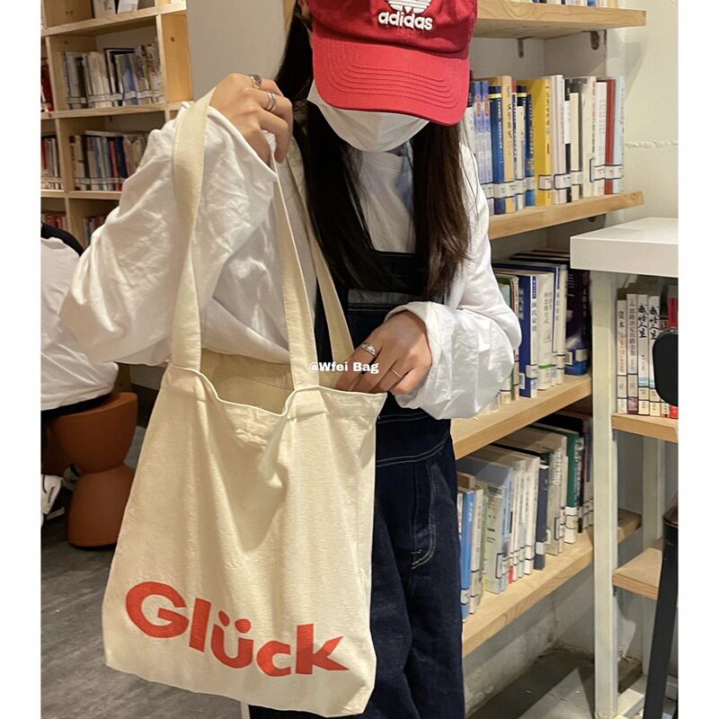 Wfei 复古ins北欧风字母帆布单肩包托特包Glück好运女孩文艺书包