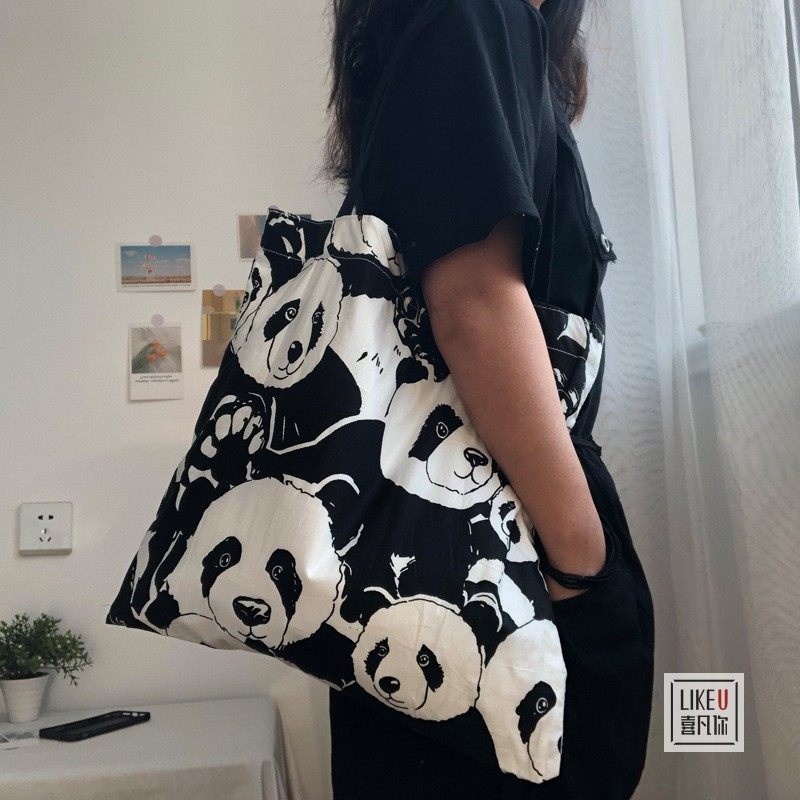 原创小众设计熊猫款手拎单肩包袋环保购物袋韩版女文艺范帆布包