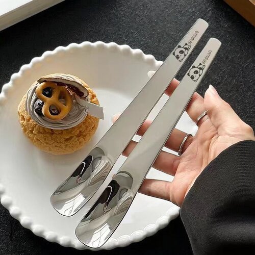 勺子ins高颜值不锈钢平头甜品搅拌饺挖勺长柄雪糕勺方头蛋糕酸奶
