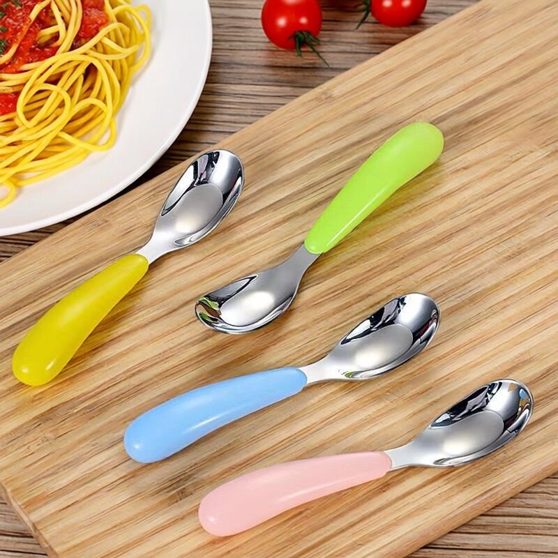 不锈钢儿童元宝勺宝宝学吃饭勺子婴幼儿喂饭神彩色手柄辅食勺