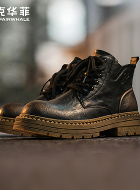 马克华菲马丁靴男款2025新款冬黑色皮靴复古工装靴厚底机车短靴男
