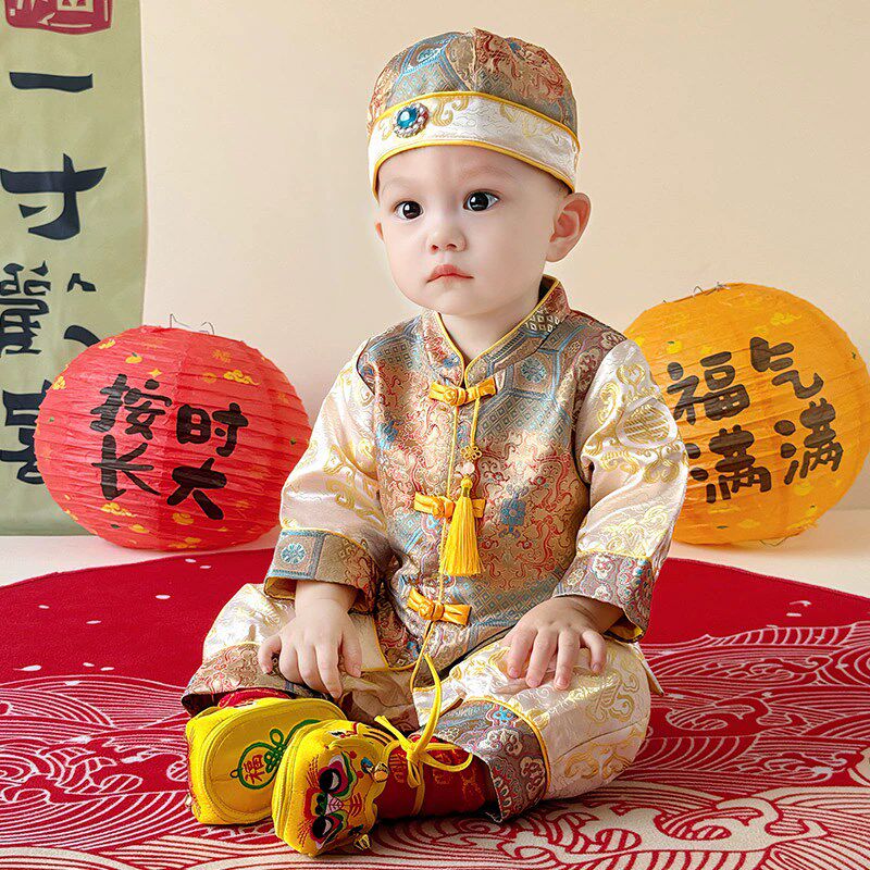 新中式抓周礼服男宝宝婴儿童装百日宴衣服女宝周岁小唐装套装春季