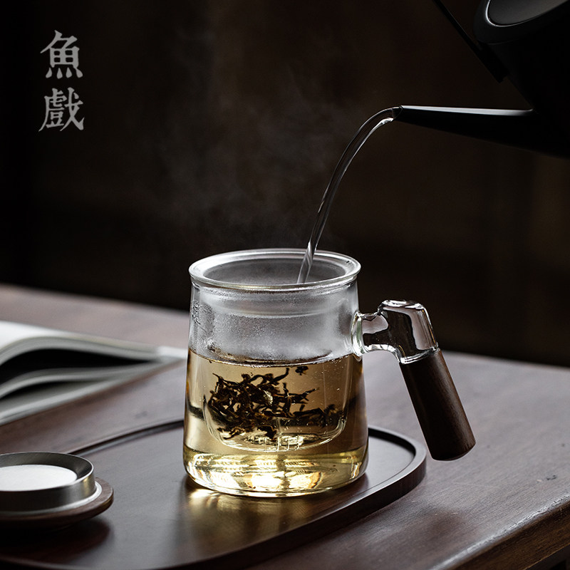 茶水分离过滤玻璃杯日式办公室耐热泡茶杯马克杯带把花茶杯子水杯