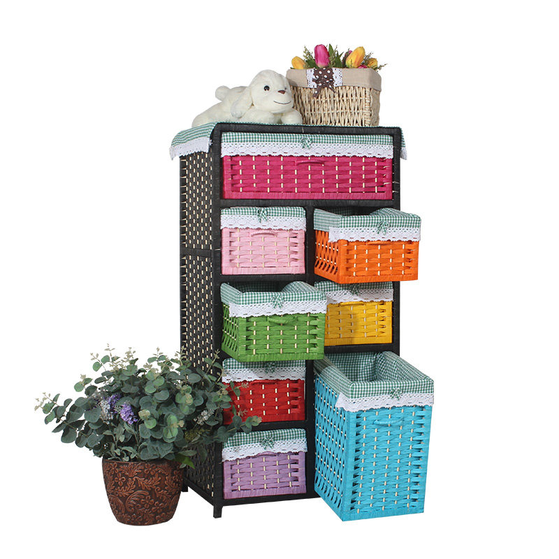 藤编实木简易衣柜田园儿童抽屉柜收纳柜宝宝婴儿小孩整理储物柜子