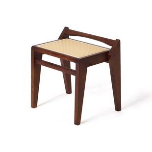 简约藤编梳妆凳子家用实木客厅方凳网红创意卧室化妆凳中古侘寂风