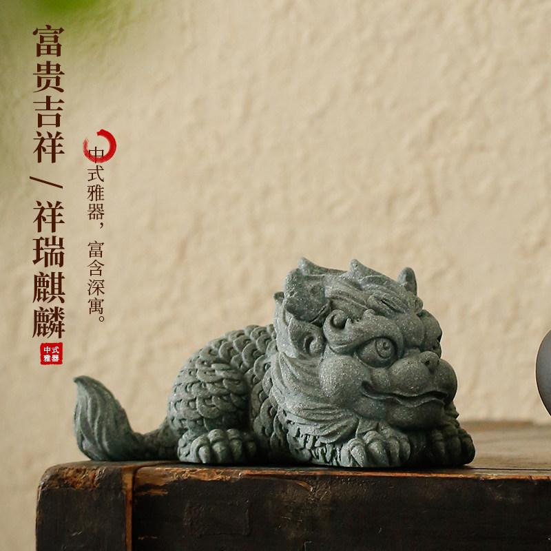中式精品青砂石桌面招财麒麟摆设摆件创意鱼缸沉水造景貔貅装饰品