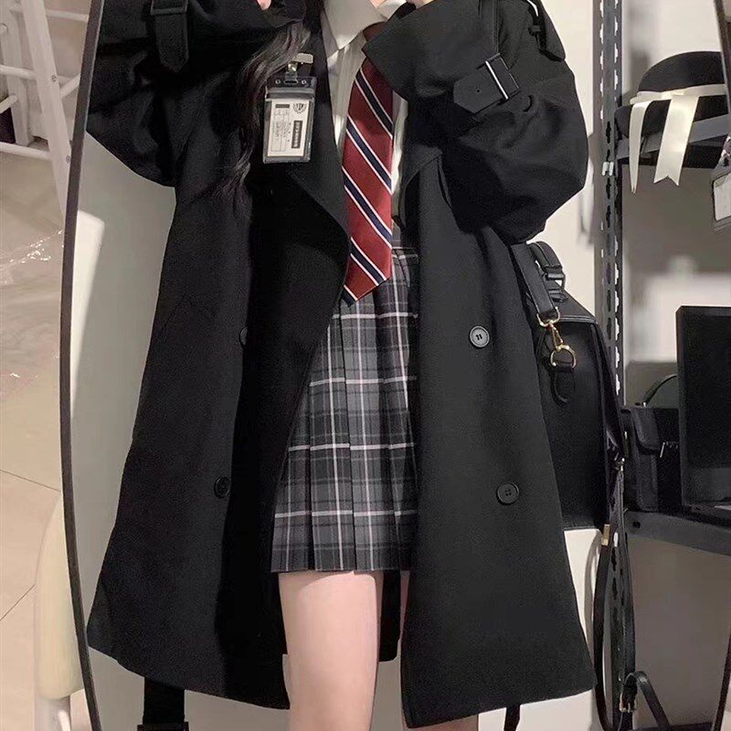 大码胖妹妹风衣女春秋冬新款宽松高级感黑色英伦风中长款大衣外套