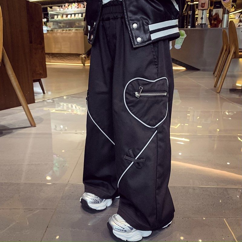 女童休闲裤秋装2025新款儿童美式街头黑色阔腿裤小女孩直筒工装裤