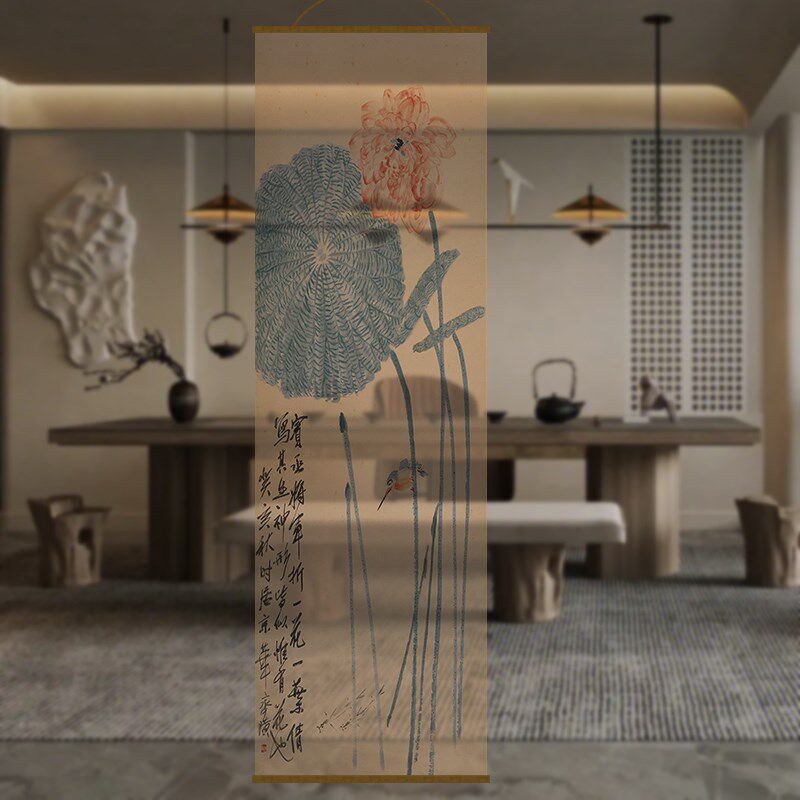 半透明荷花透景屏风纱中式卷帘隔断帘挂帘水墨窗帘透光纱帘电动