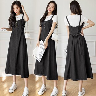 2024中长裙新款 百搭宽松收腰背带长裙牛仔吊带A字连衣裙女 加大码