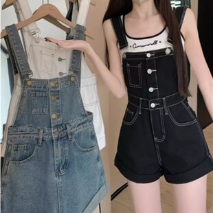 牛仔背带裤女2024夏季新款单排扣卷边短裤小个子高腰连体阔腿裤子