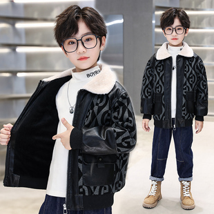 上衣潮 儿童加绒加厚皮夹克中大童秋冬款 男童冬装 皮衣外套2023新款