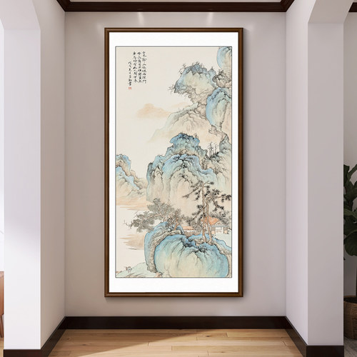 新中式山水画竖版玄关装饰画走廊过道壁画客厅挂画大气国画