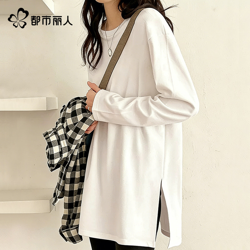 都市丽人纯棉内搭打底衫女冬季2025新款白色长袖t恤宽松开叉上衣Y