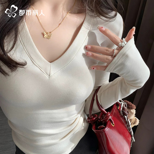 v领正肩纯欲风打底衫 都市丽人长袖 修身 2025新款 上衣Y t恤女深冬季