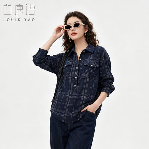 白鹿语复古风格纹长袖衬衫女26秋季藏蓝色宽松翻领休闲上衣高级感