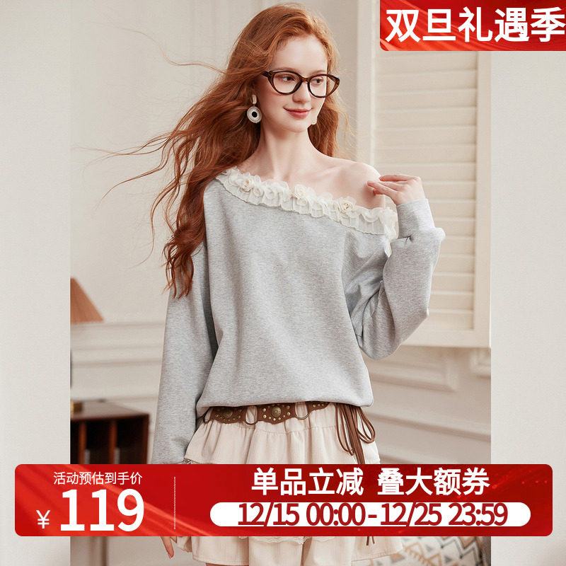 白鹿语灰色花边斜肩领小众美式复古卫衣25秋新款百搭宽松显瘦上衣