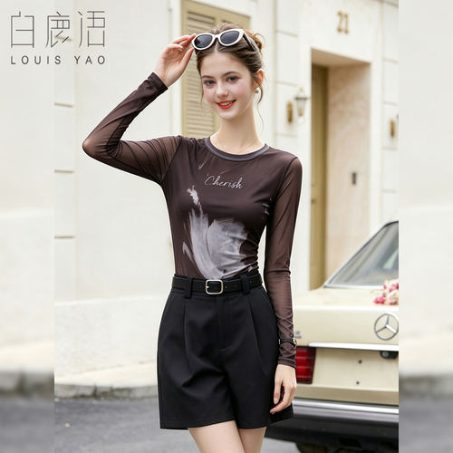 白鹿语复古印花针织长袖T恤女26秋季新款修身显瘦洋气薄纱上衣