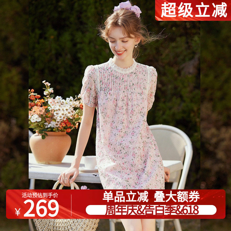 白鹿语时尚褶皱刺绣碎花裙26夏新款小个子设计感泡泡袖短款连衣裙