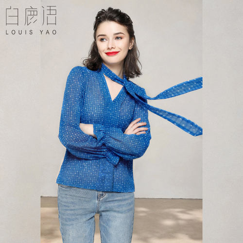 白鹿语法式复古波点衬衫女26秋季新款V领飘带泡泡袖轻薄通勤上衣