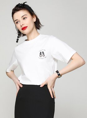 白鹿语韩版图案印花上衣26夏款欧美简约宽松减龄圆领短袖女式T恤