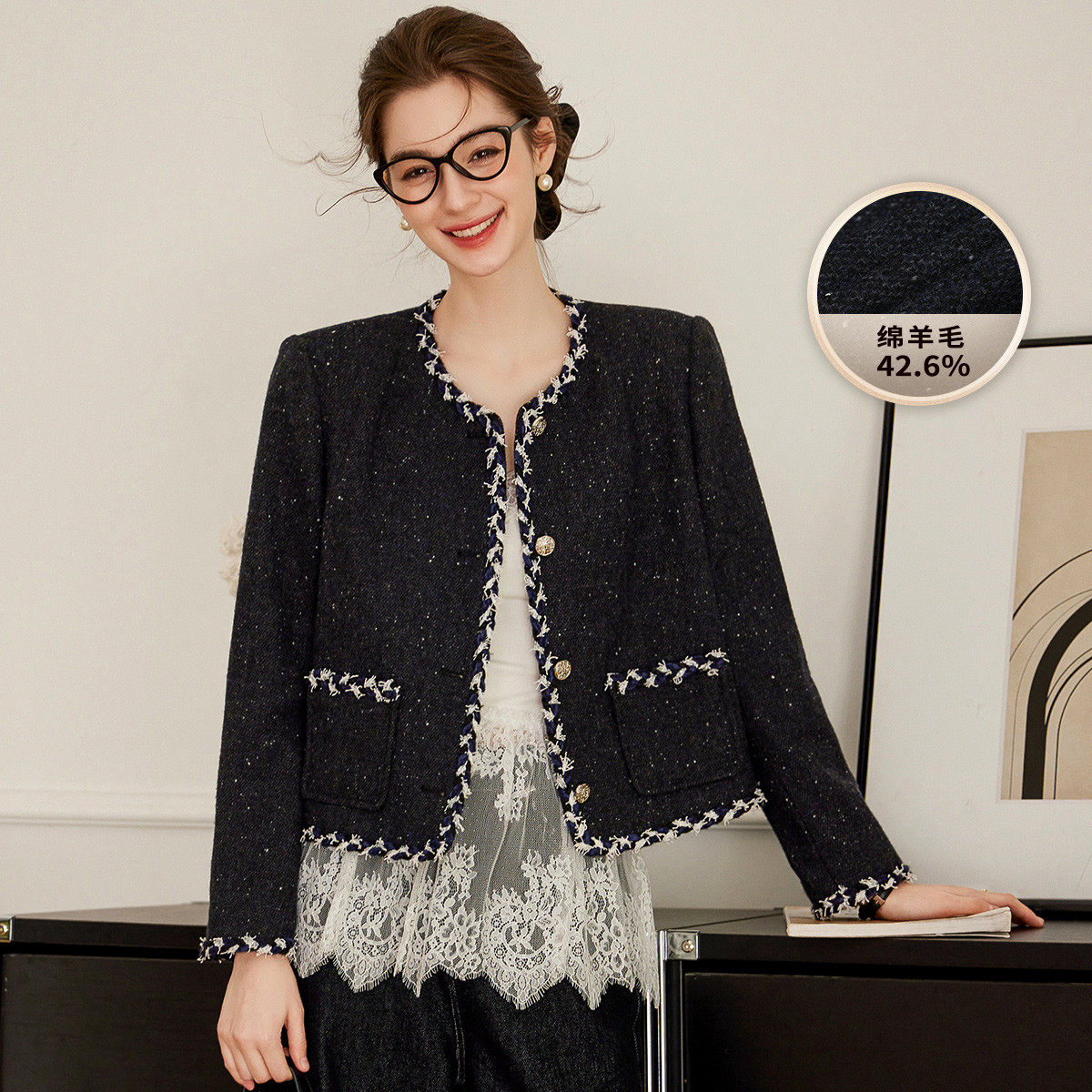 白鹿语小香名媛风黑色短外套26春款优雅圆领长袖单排扣上衣外套女,女装/女士精品,短外套,淘宝优惠券,粉丝福利购,淘宝优惠卷