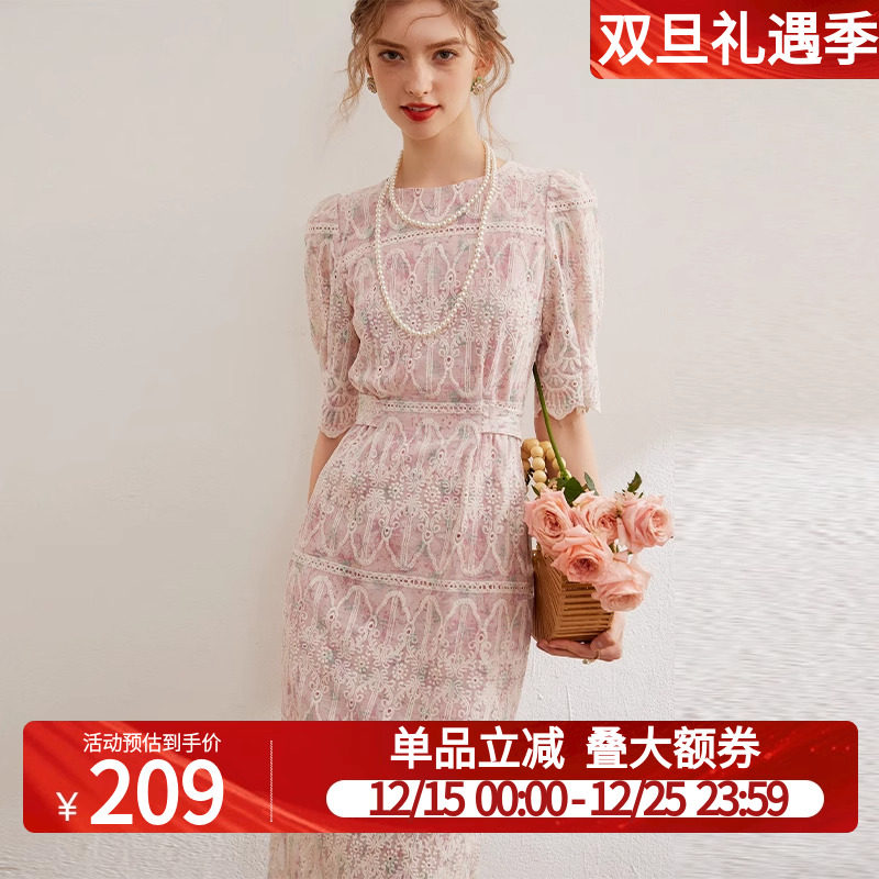 白鹿语刺绣系带蝴蝶结长裙25夏季优雅温柔圆领泡泡袖修身连衣裙女