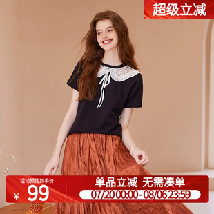白鹿语甜美蕾丝撞色娃娃领上衣25夏时尚 T恤 减龄圆领系带短袖 女式