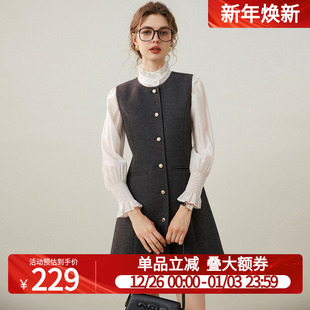气质圆领单排扣无袖 背心裙25秋冬款 连衣裙女 式 白鹿语优雅毛呢开衫