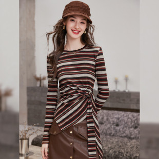 白鹿语条纹绑带长袖 T恤 上衣25秋冬复古风微弹圆领套头可外穿女式