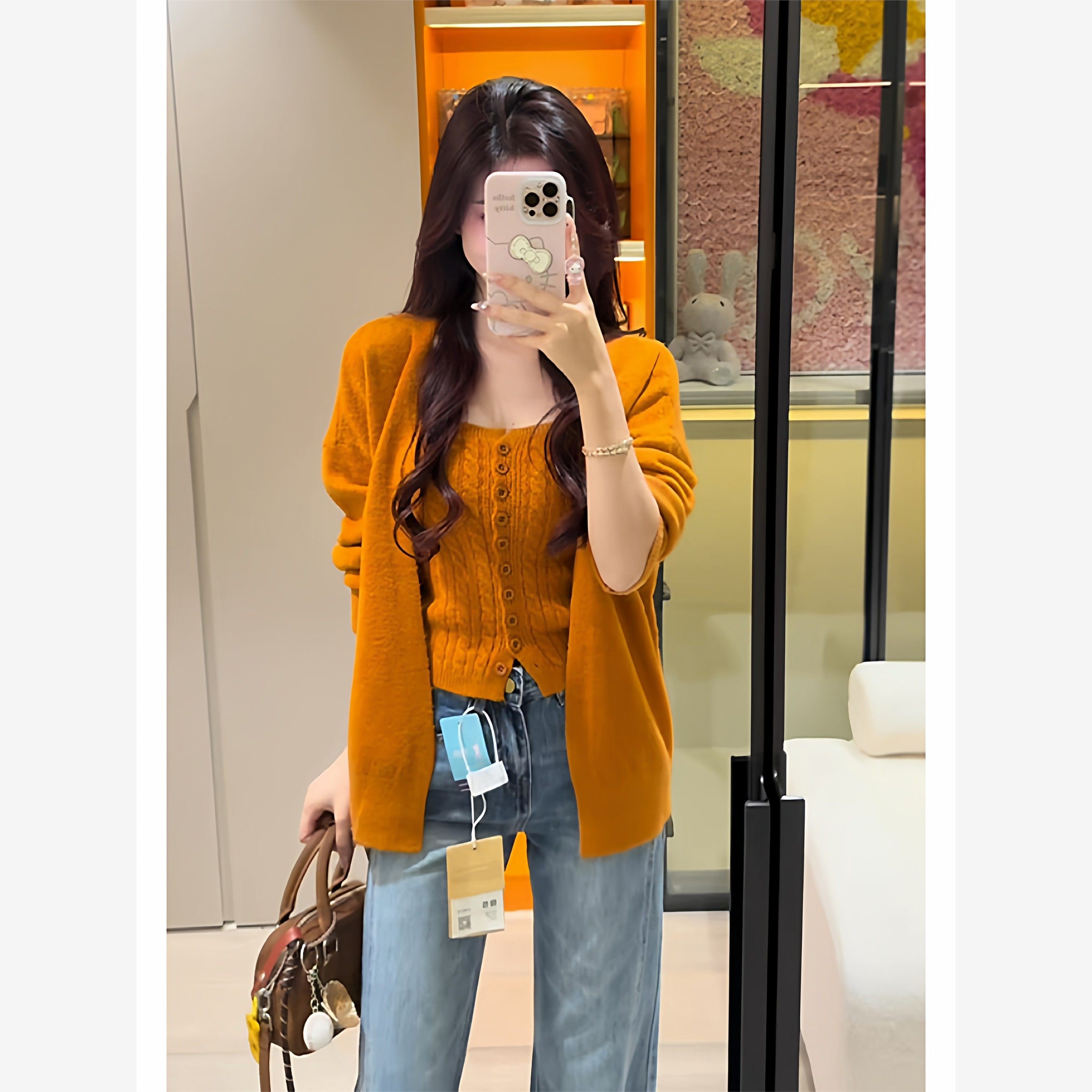 多巴胺橘色麻花针织背心女早秋季宽松软糯叠穿开衫毛衣外套两件套