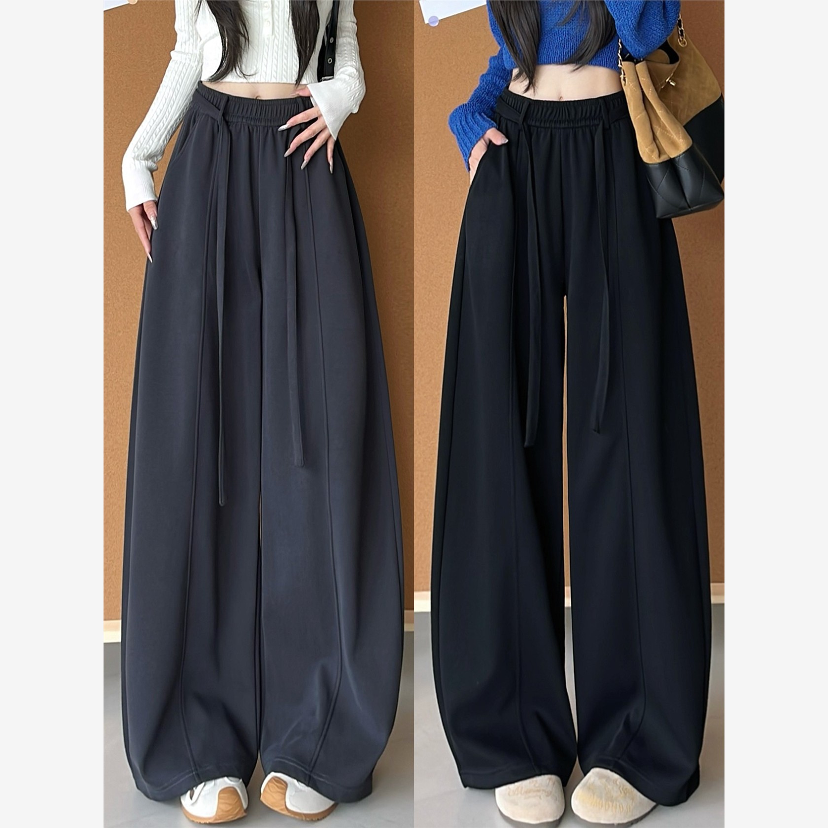 藏青色运动弯刀裤女秋季2025新款高腰宽松显瘦垂感休闲阔腿香蕉裤