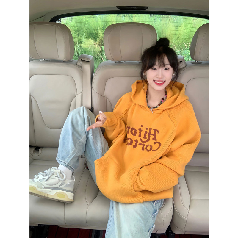 高级感超好看美式复古连帽卫衣女秋冬oversize慵懒风针织毛衣外套