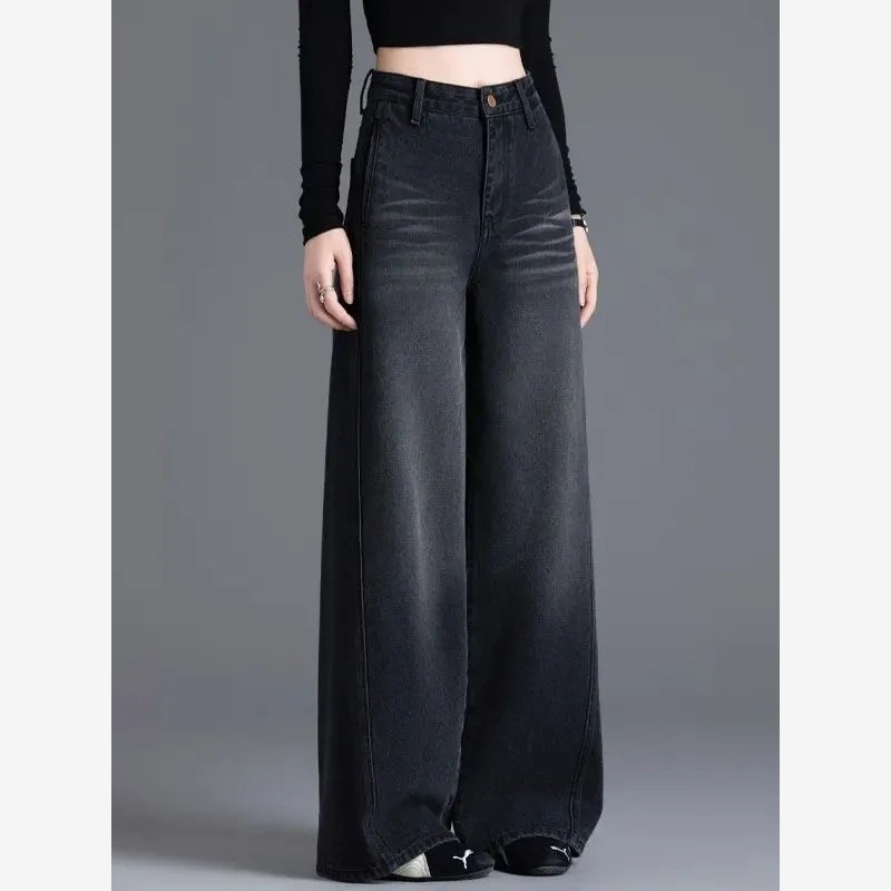秋冬高档阔腿牛仔裤女2025新高腰直筒裤黑色百搭显瘦休闲拖地女裤
