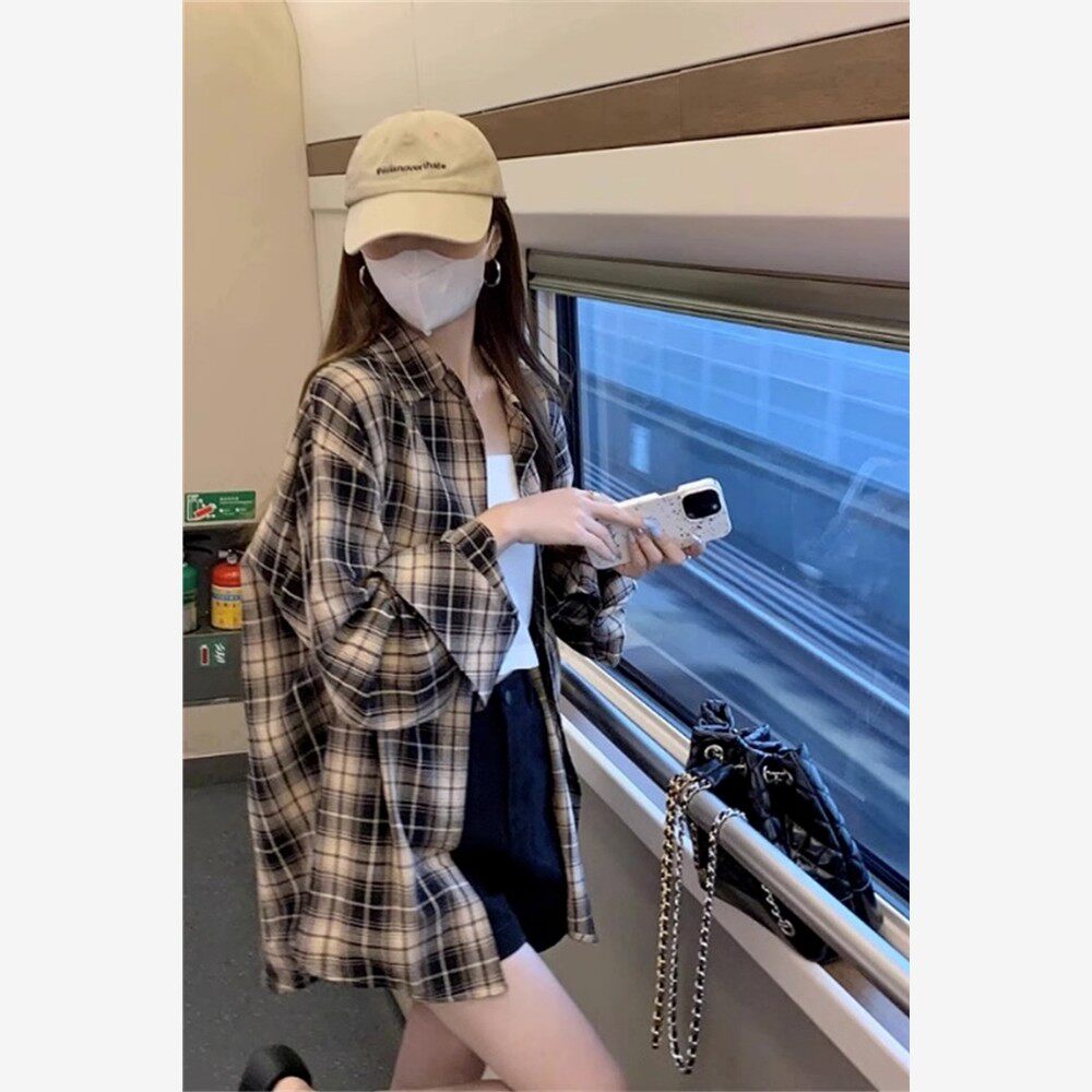 早秋装女士格子衬衫2023新款慵懒风长袖女衬衫外套覆古设计感上衣