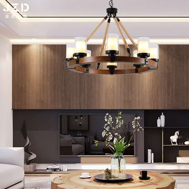 美式乡村云石吊灯 客餐厅咖啡厅云石吊灯 复古实木麻绳艺术吊灯