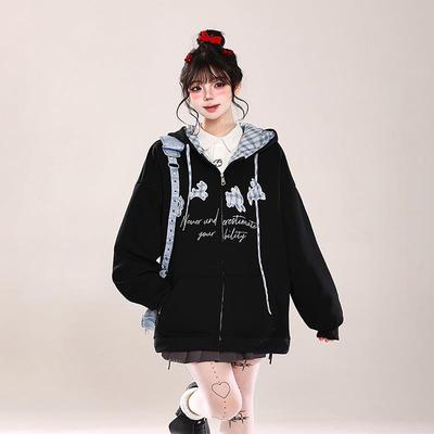 韩系慵懒风刺绣开衫连帽卫衣女春季新款穿搭超火减龄宽松休闲外套