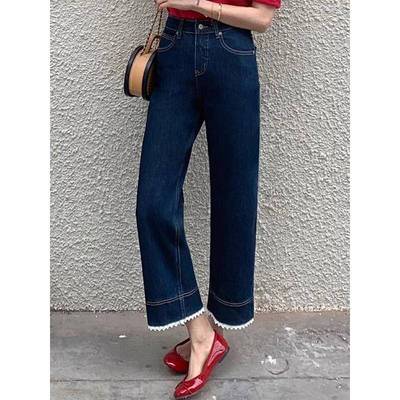 春季新款蕾丝拼接直筒裤女大码梨形身材显瘦弹力小个子九分牛仔裤