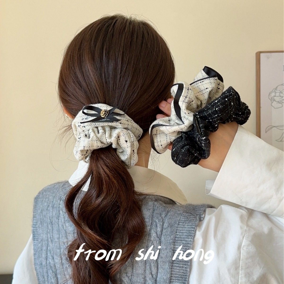 韩版小香风荷叶边针织大肠发圈秋冬丸子头发绳简约百搭低马尾头绳