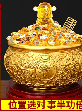 黄铜聚宝盆摆件金钱元宝聚宝盆双龙客厅卧室装饰品存钱罐开业送礼