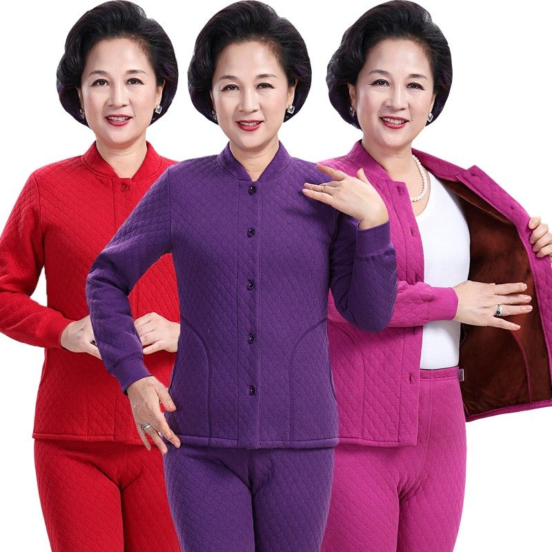 老年人加绒加厚保暖内衣女妈妈奶奶开衫开襟对开纯棉秋衣秋裤套装