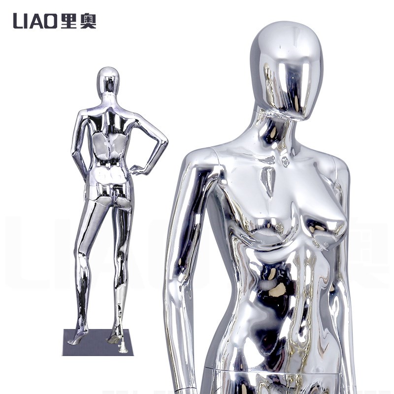 服装店女模特道具展示架全身橱窗人台假人全身电镀银色女人体模型