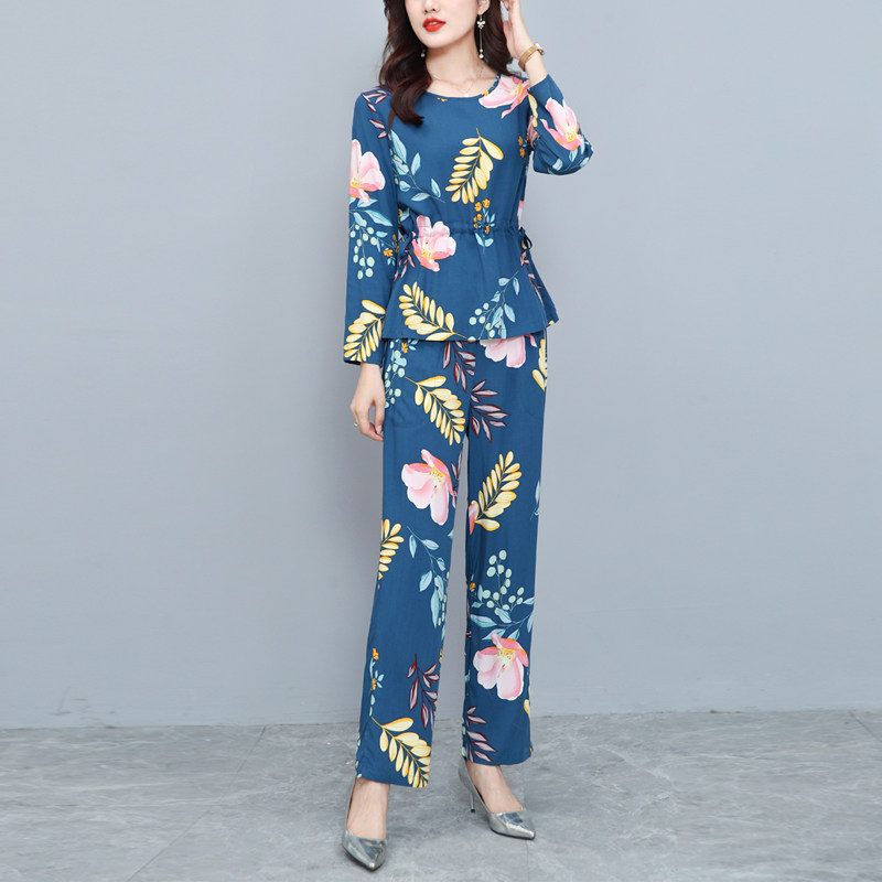 妈妈长袖棉绸套装外穿女士夏季新款碎花时L尚洋气高端人造棉两件
