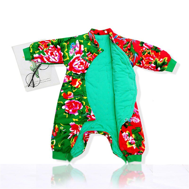 冬季手工棉花保暖哈衣婴儿厚连体衣男女宝宝爬服周岁单扎牙鸳鸯裤