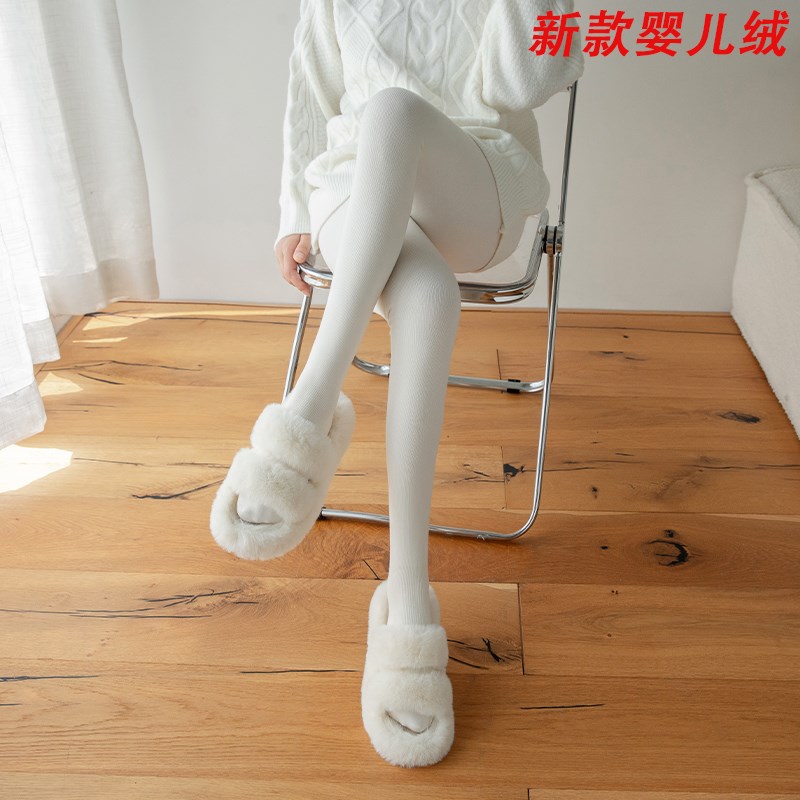 秋冬精梳棉婴儿绒打底裤日系竖条纹奶白连裤袜春秋薄绒微压踩脚裤