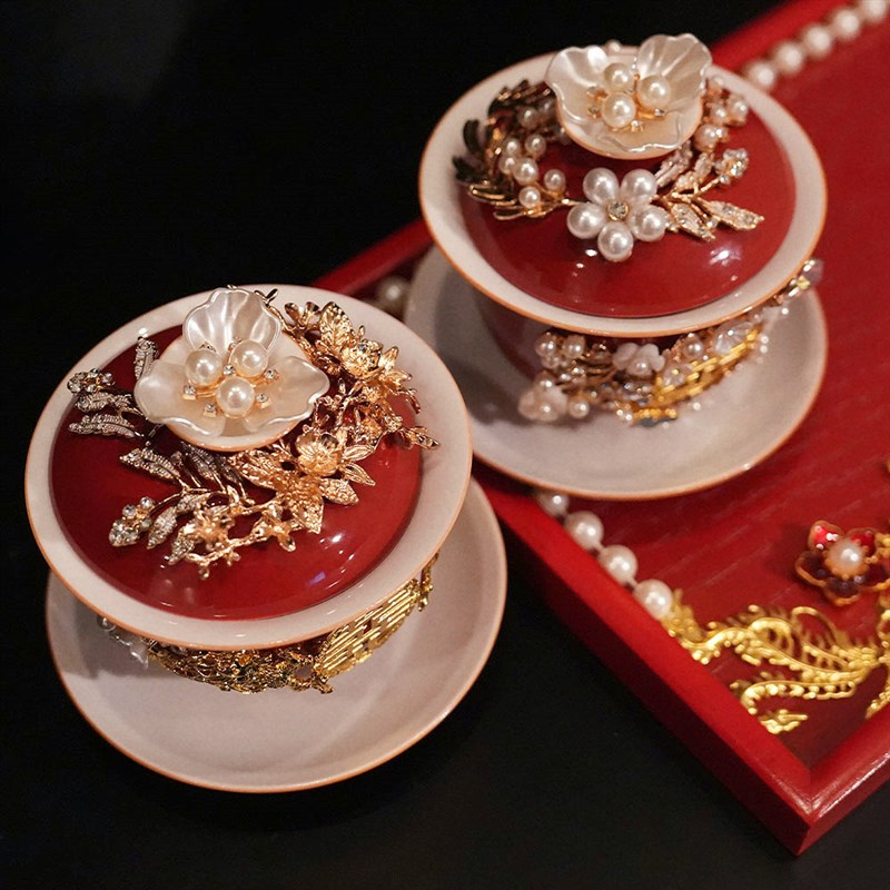 中式婚礼改口敬茶杯结婚套装陶瓷喜杯DIY套装送新人礼物高级定制