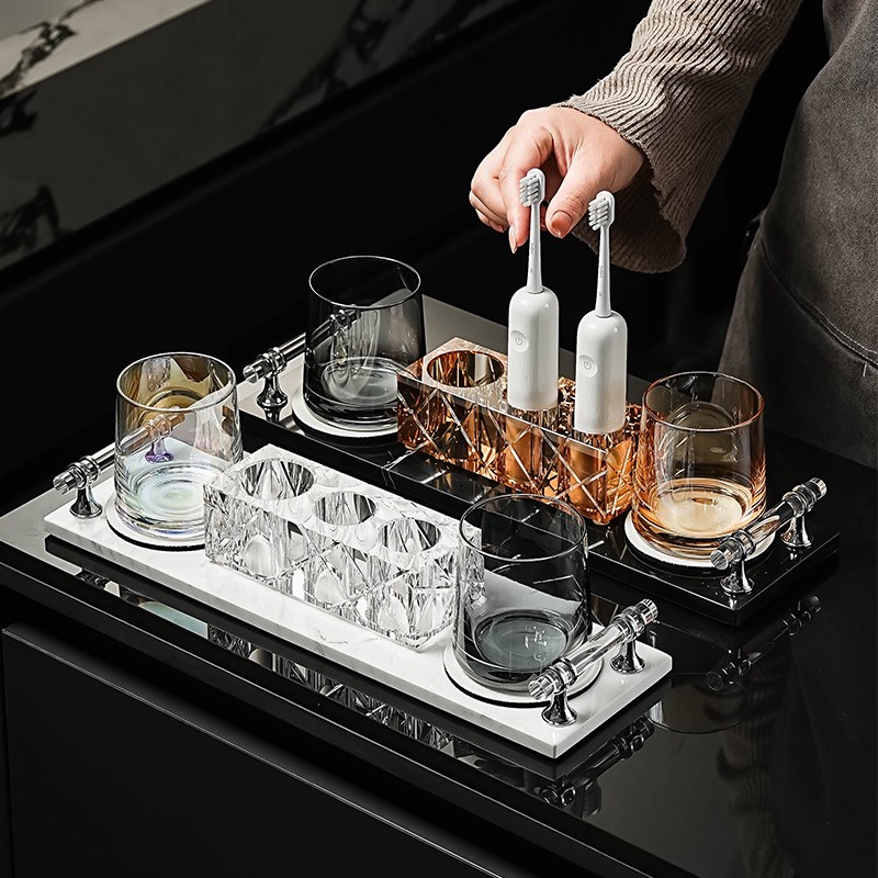 高奢大理石托盘水晶牙刷置物架卫生间情侣双人漱口杯洗漱收纳套装