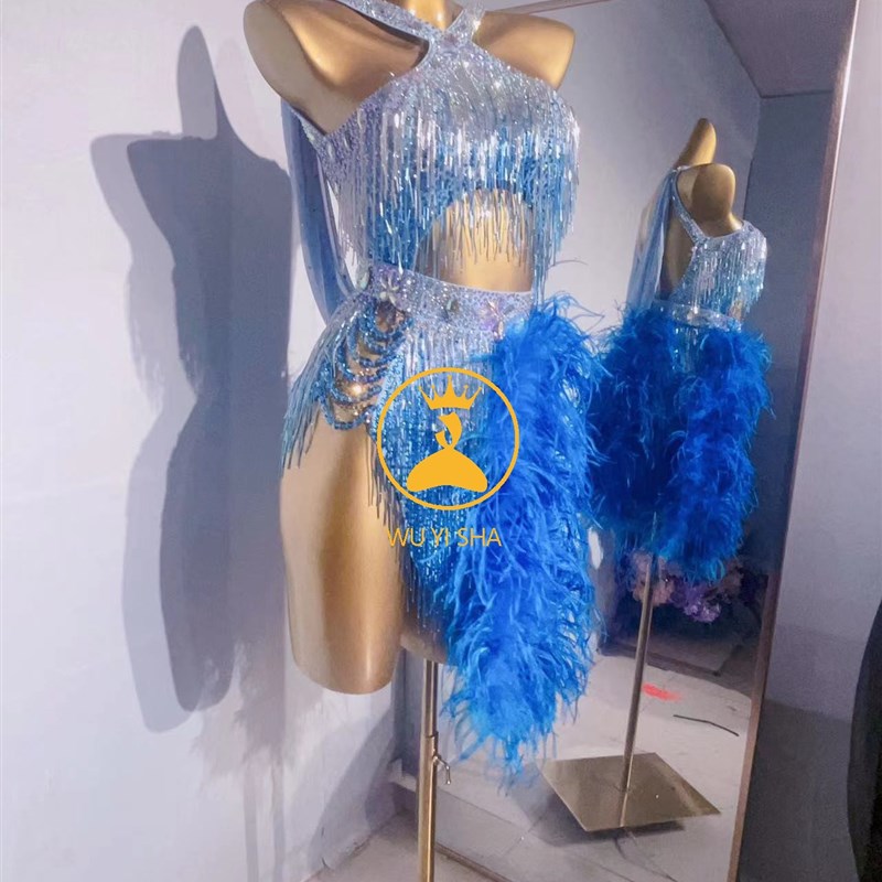 驼鸟毛拉丁舞服比赛服满钻蓝色舞蹈服成人女儿童定制赛服2367