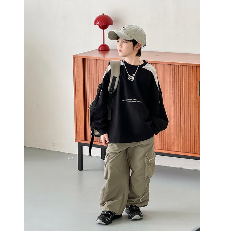 男童春装2025新款儿童肩部拼接长袖T恤青少年洋气韩版圆领打底衫