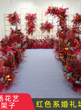 新款婚庆中式红色排花路引花婚礼花艺舞台角花R花墙套系装饰布置